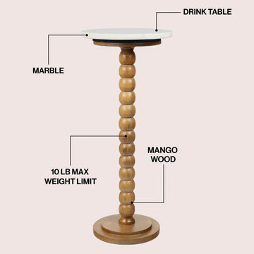 Monroe 24.25" Rustic Farmhouse Spindle Wood Drink Table and Decorative End Table with White Marble Round Top
